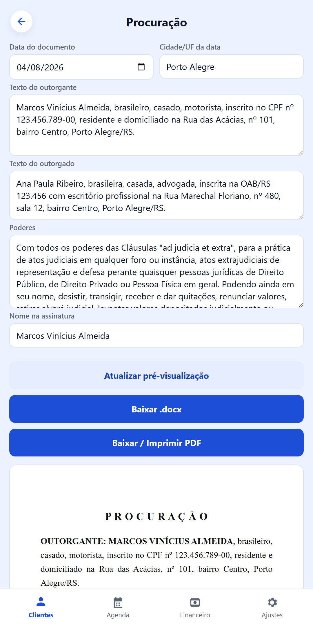 Geração de documento no aplicativo Android