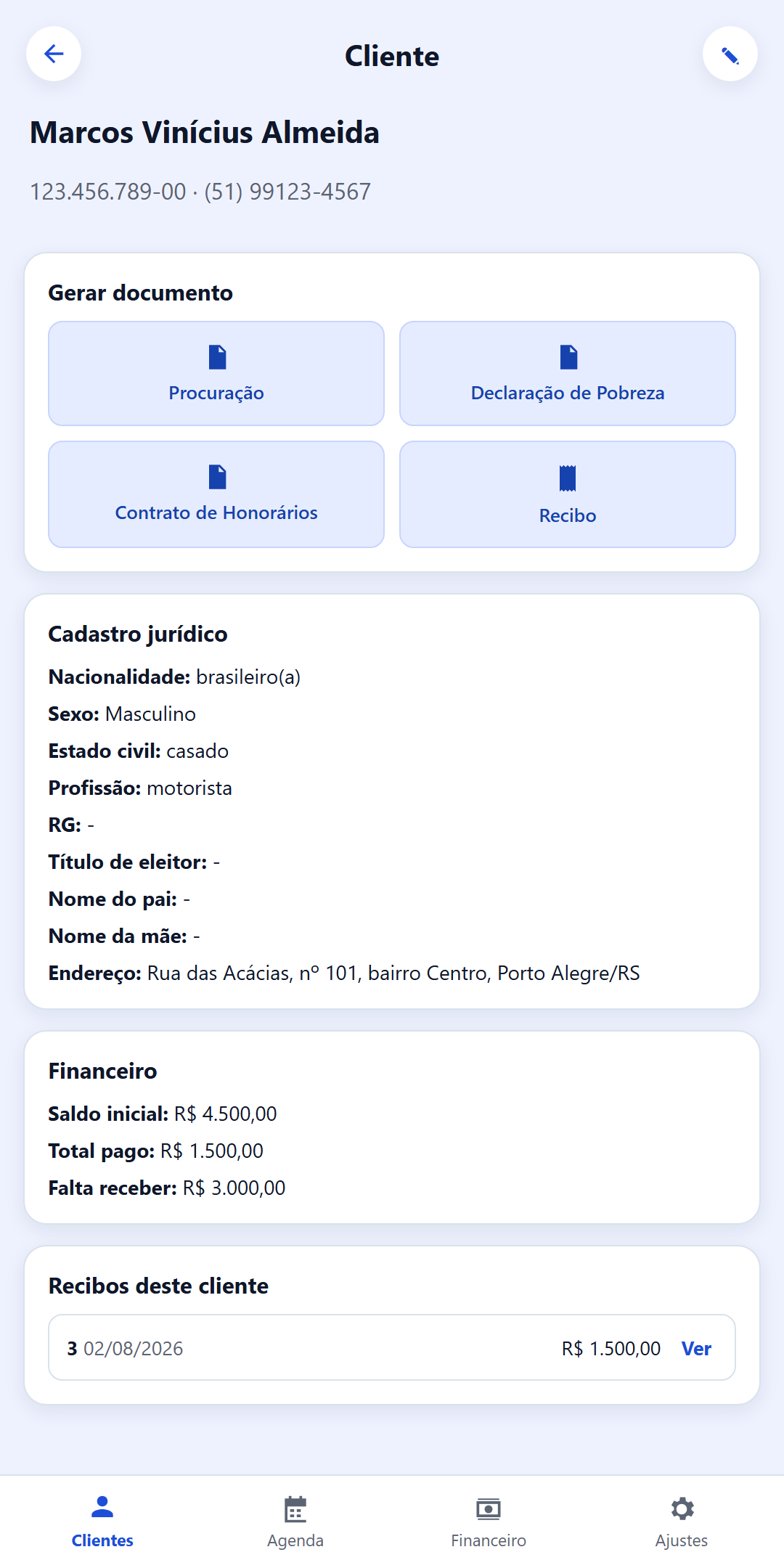 Ficha de um cliente no aplicativo Android