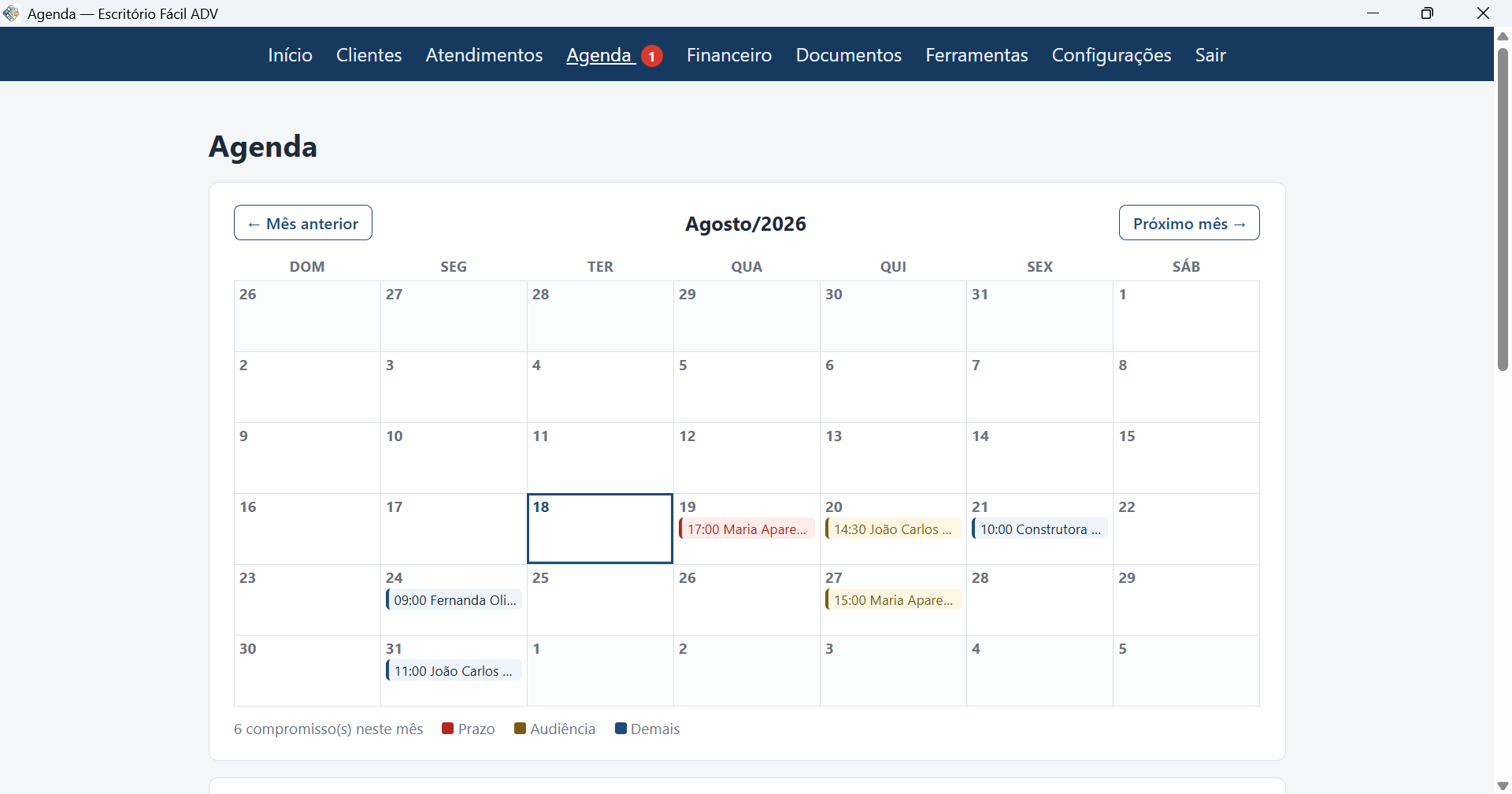 Agenda do programa para Windows, com compromissos e prazos