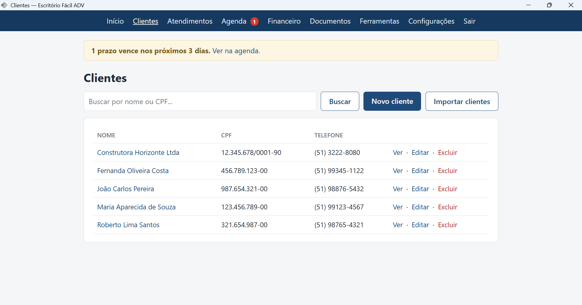 Lista de clientes no programa para Windows, com busca por nome ou CPF