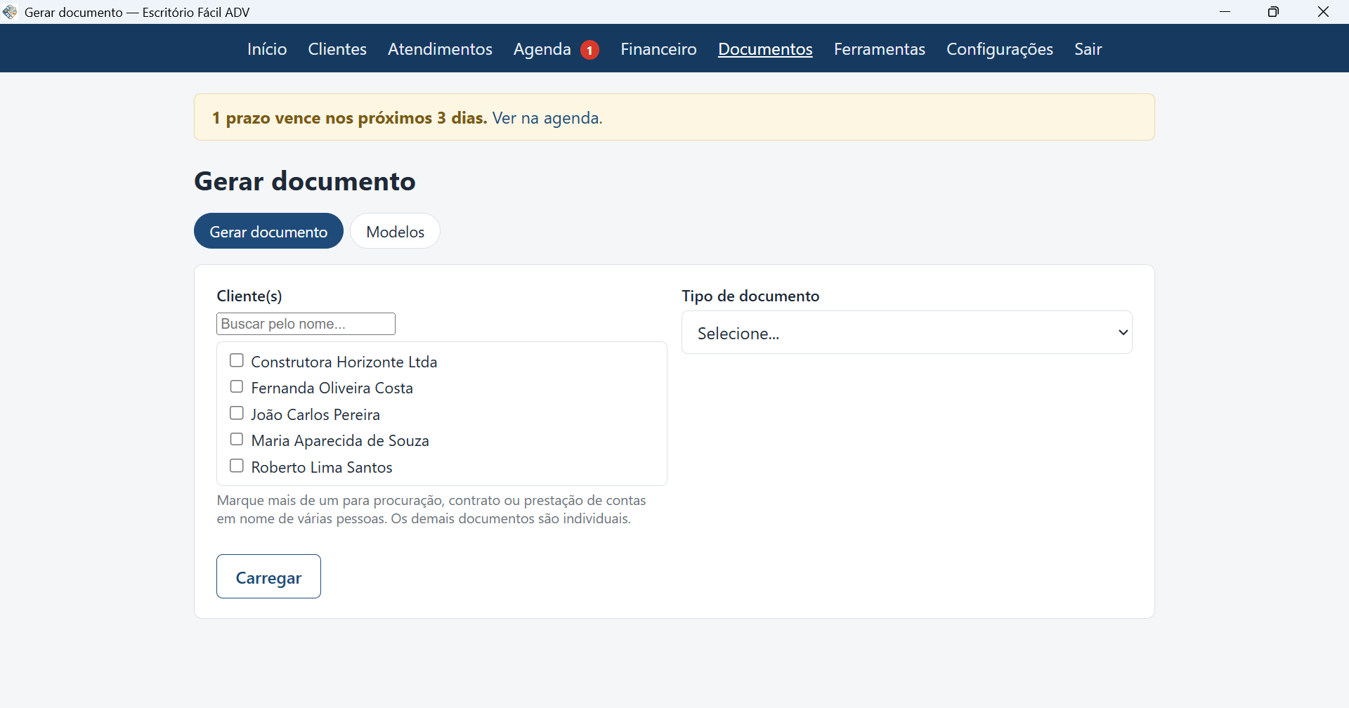 Tela de geração de documentos do programa para Windows