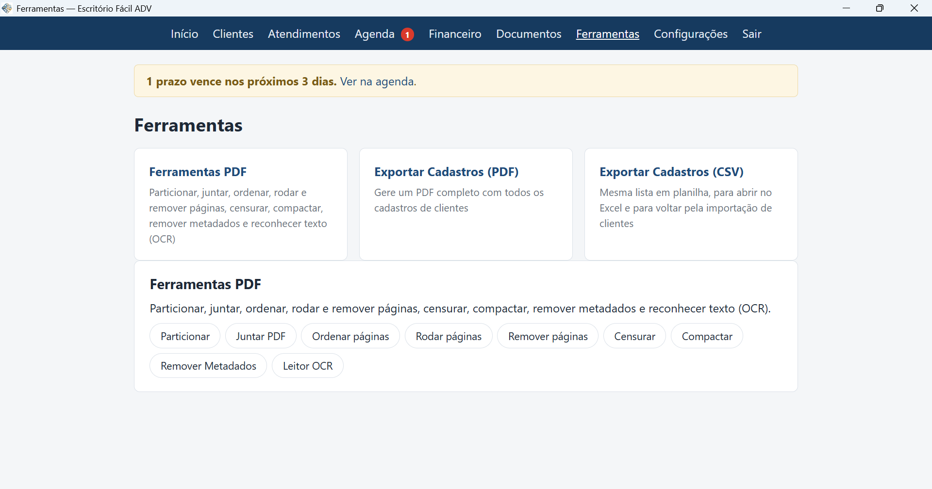 Tela de ferramentas do programa para Windows, com as operações de PDF e Word