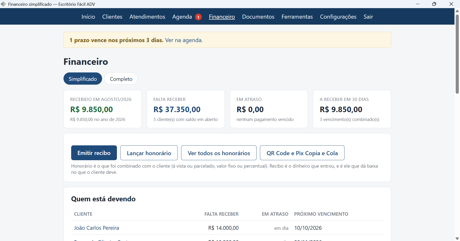 Tela do financeiro no programa para Windows, com recibos emitidos