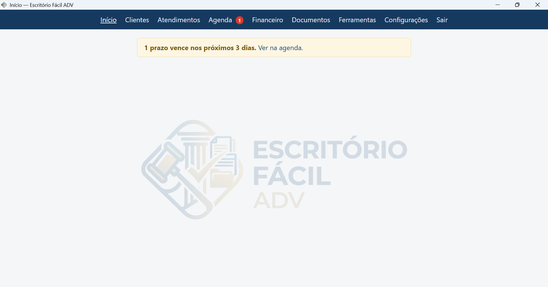 Tela inicial do programa Escritório Fácil ADV no Windows